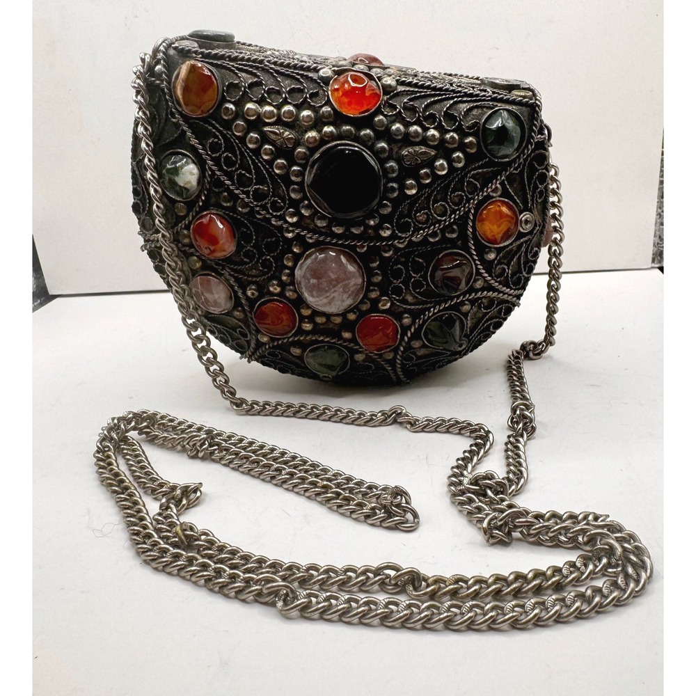 Vintage Sajai handmade metal filigree with precious stones inlay & chain strap